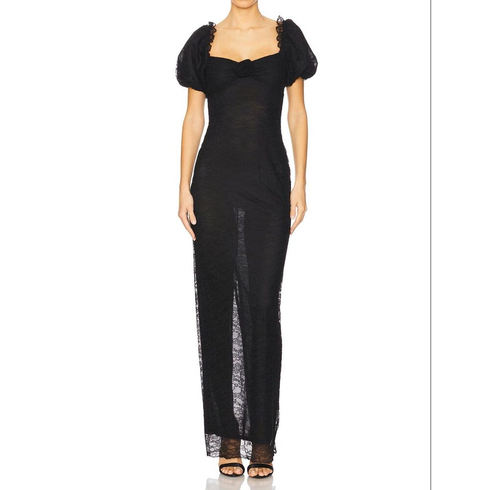 NWT Stone Cold Fox REVOLVE Black Lace Maxi Dress M Puff Sleeve Rosette Goth Boho